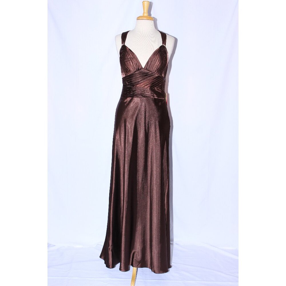 MayQueen #457 Long Satin Formal Prom or Evening Gown-Sizes 12, 14-BROWN-NEW